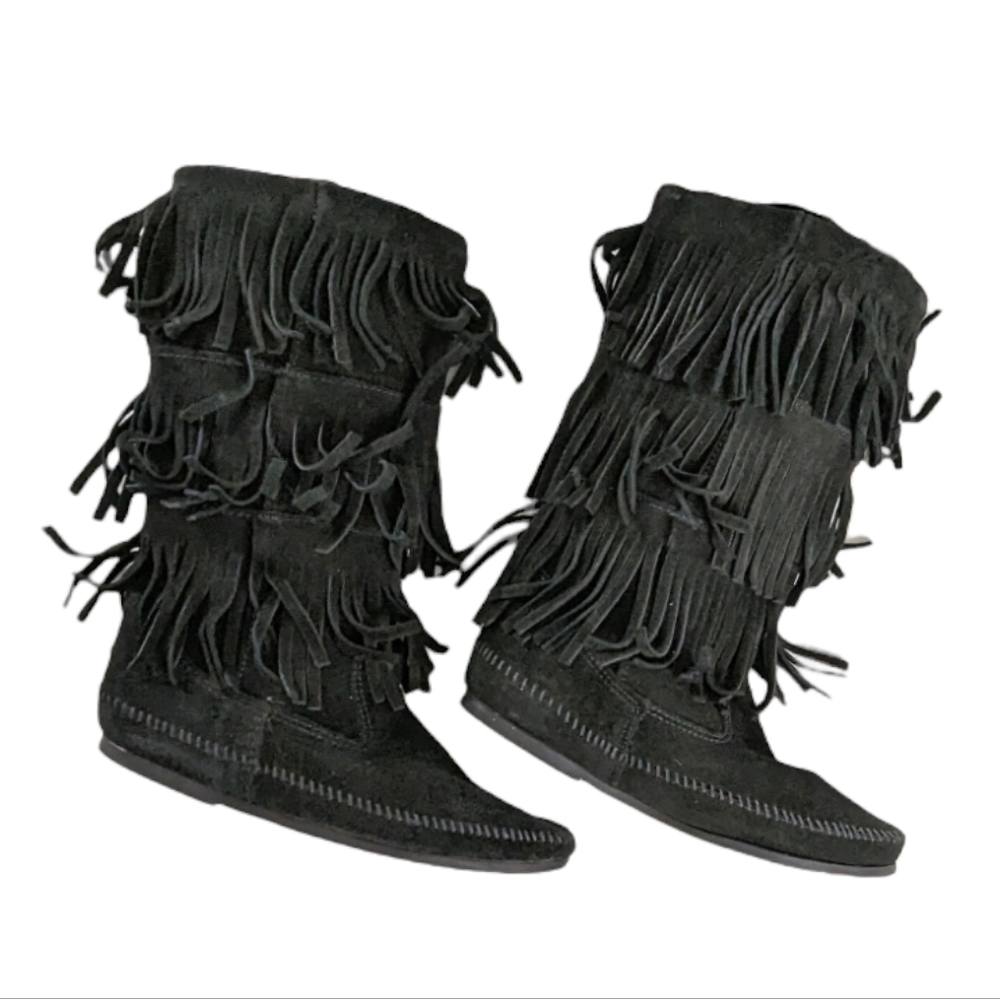 Minnetonka Black Fringe Suede Moccasin Boots